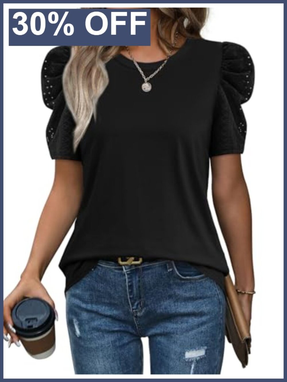 Womens Puff Sleeve Crewneck T Shirt Dressy Casual Blouse Spring Summer Top